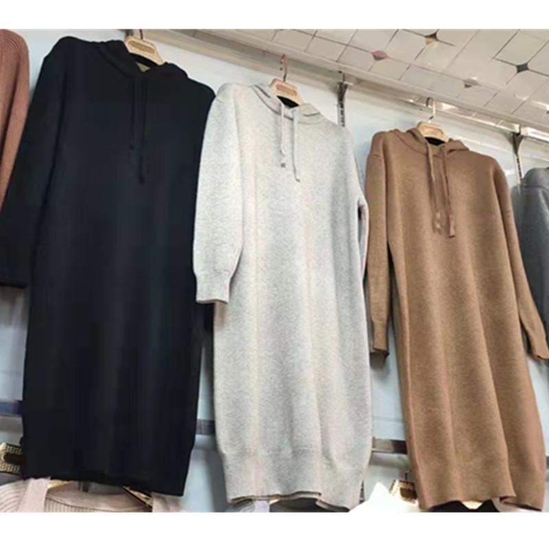 Autumn and winter new solid color simple knitted dress hooded sweater women's loose sweater long dress tide