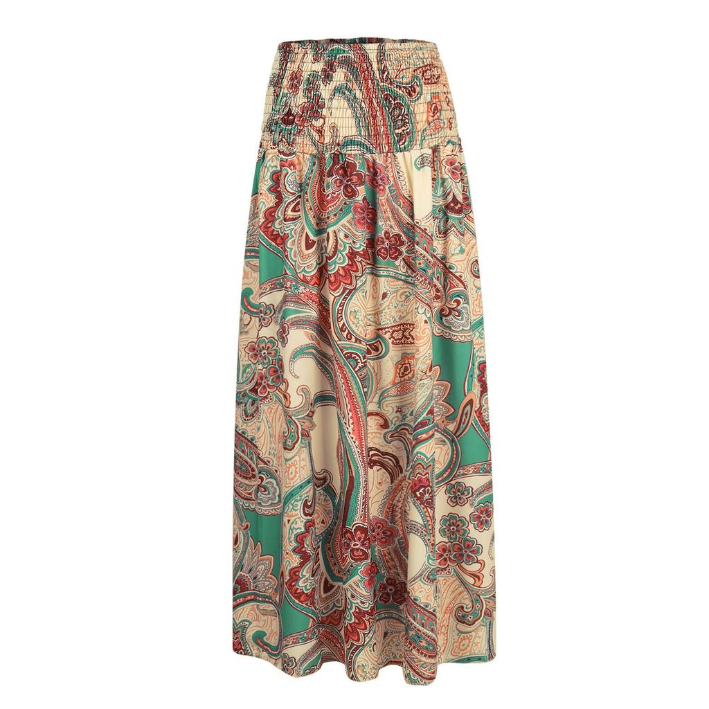 Women’s Casual Loose Boho Elastic Waist A-Line Beach Flowy Swing Vacation Floral Printing Maxi Skirt