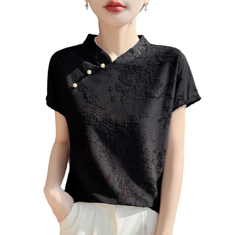 Retro Button-up Three-dimensional Jacquard Knitted Short-sleeved T-shirt for Women, Summer Lightweight Sleeveless Top