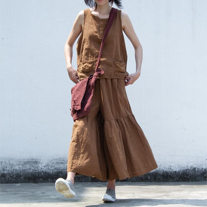 Johnature Dámské Vintage Bavlněné Lněné Široké nohavice Pružný pas Volný Letní Kalhoty Patchwork Kalhoty ke kotníkům