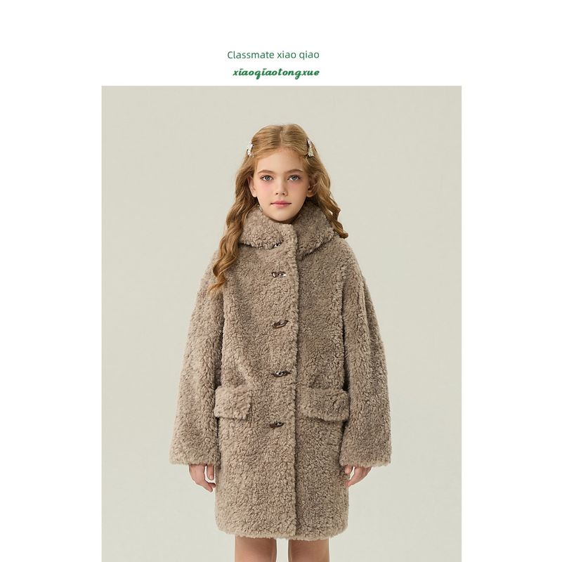 Children's Fur Coat 2025 Autumn and Winter New Style Girls' Imitation Lamb Wool Coat for Little Girls, Mid-Length Hooded