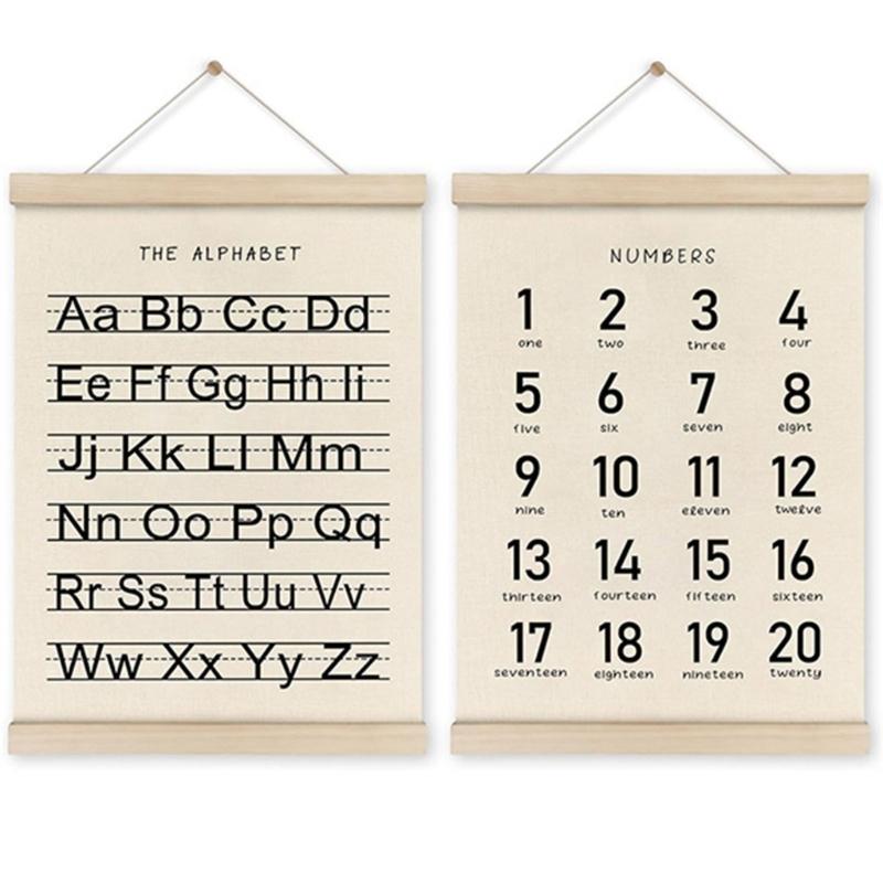 2Pieces Toddler Learning Alphabets and Number Posters with Wood Hanger Frame for Classroom and Playroom Nursery Decors