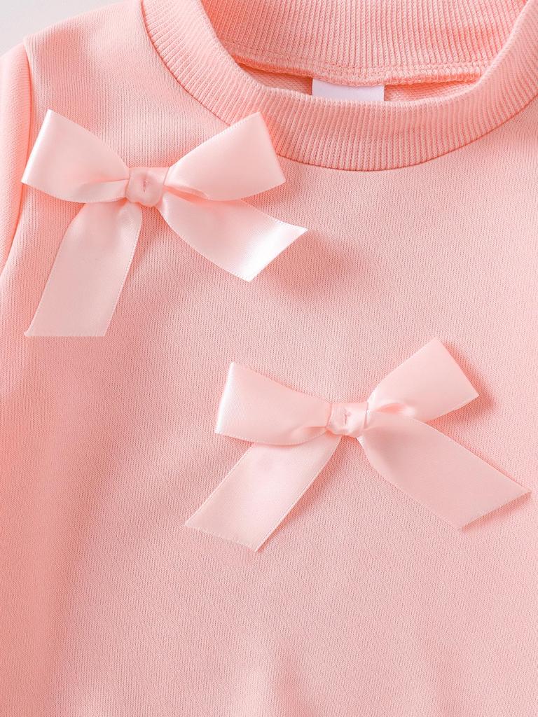 Girls' INS Style Pink Bow Sweatshirt & Denim Flared Pants Set