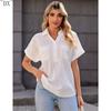 DX~Women's Cotton Linen Shirt Short Sleeved Henry Shirt Button Up V-neck Casual Work Top with Two Pockets