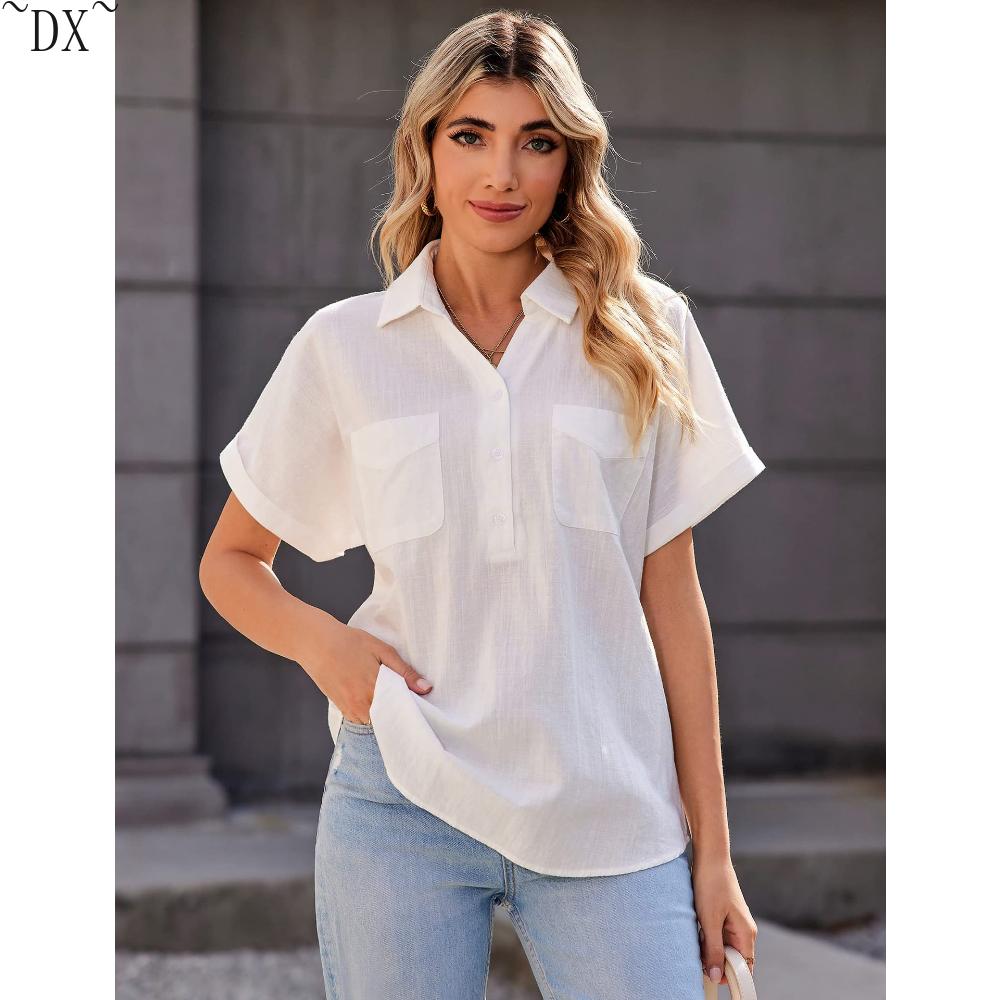 DX~Women's Cotton Linen Shirt Short Sleeved Henry Shirt Button Up V-neck Casual Work Top with Two Pockets