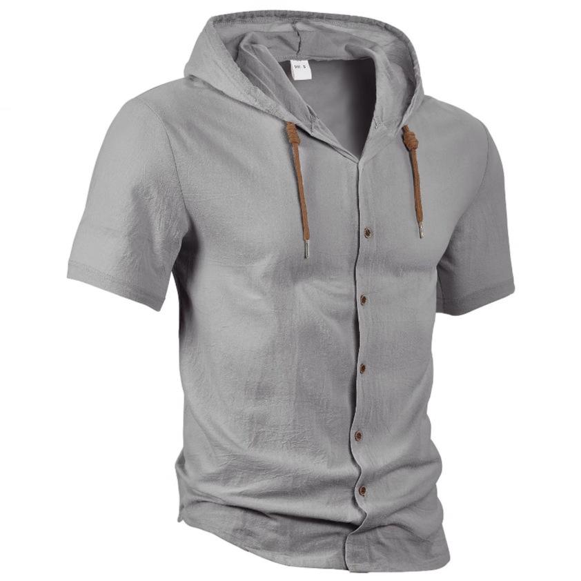 Men's Solid Color Cotton and Linen Cardigan Trendy and Versatile Loose Casual Short-sleeved Men's Shirt Hoodie