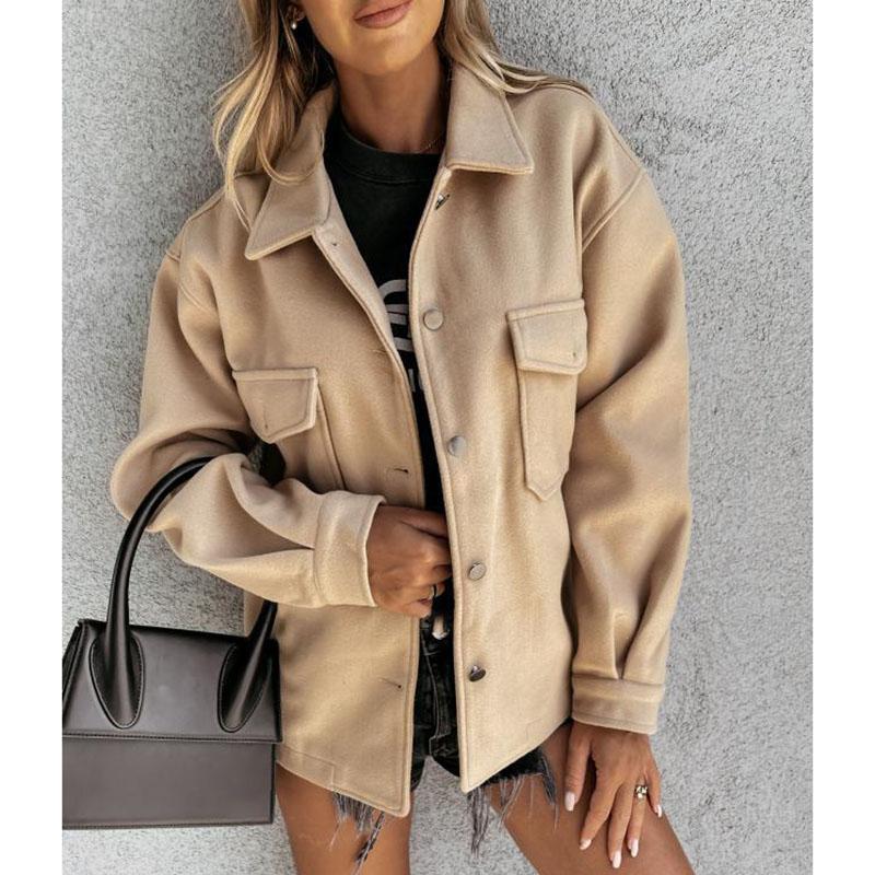 Polo Collar Woolen Coat Women's Casual Long Sleeved Top Solid Color Single Breasted Commuting Loose Jacket Autumn Winter New Fashion