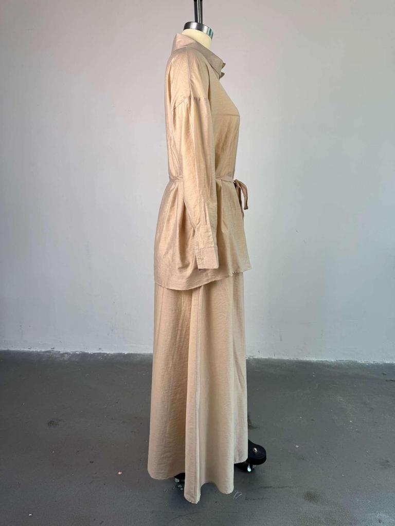 European & American Women's Spring/Summer 2025 Fashion: Loose Turn-down Collar Long-Sleeve Shirt & High-Waist Midi Skirt Set