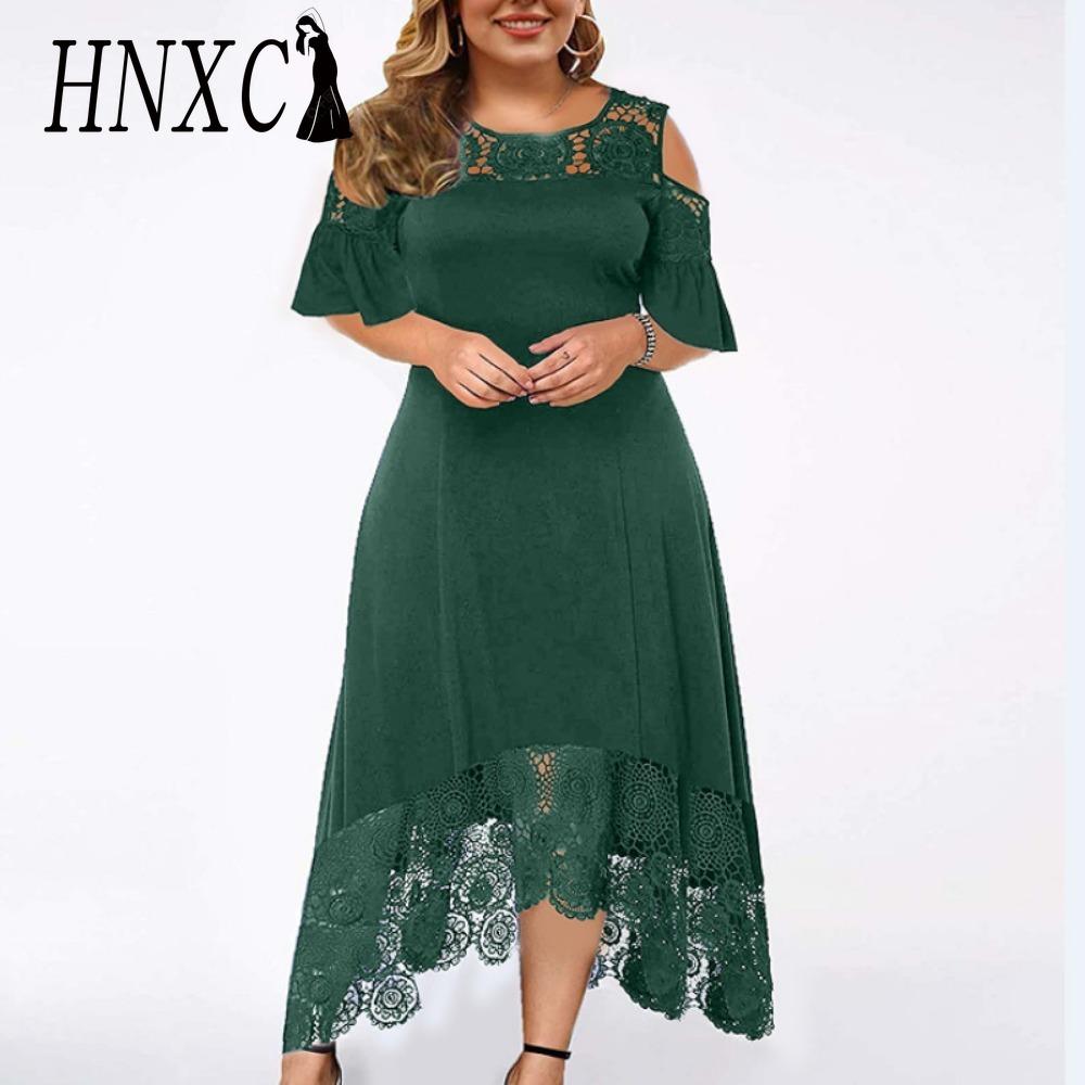 

HNXC Вышивка Кружево Пэчворк Большой Размер Женское Платье Расклешенный Короткий Рукав Холодное Плечо Высокая Талия XL зелёный