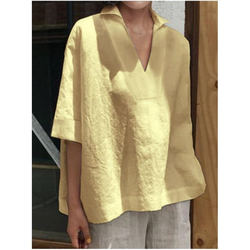 Women Spring and Summer Solid Half Sleeve Cotton Linen Top Plus Size V-neck Loose Casual Blouse