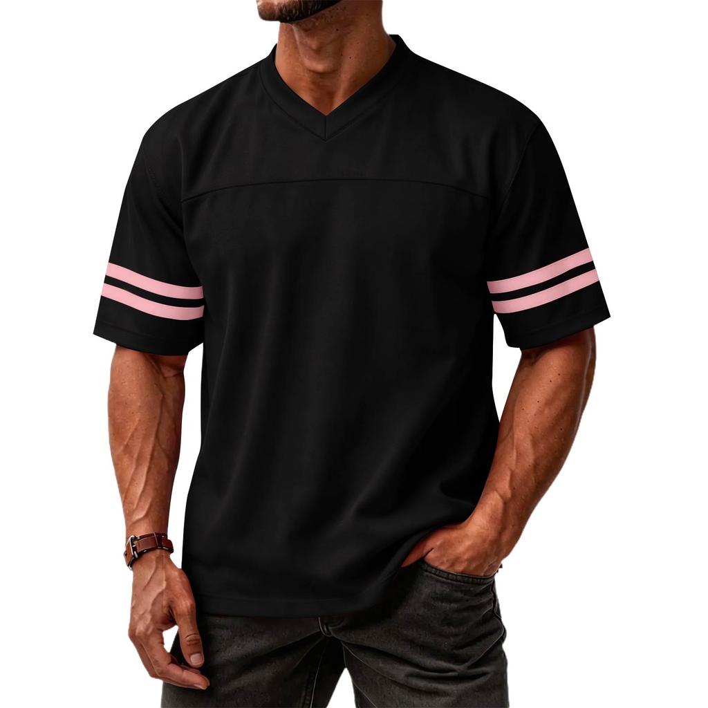 Men V Neck Short Sleeve T Shirt with Double Stripe Arm Design Casual Loose Top for Everyday Wear