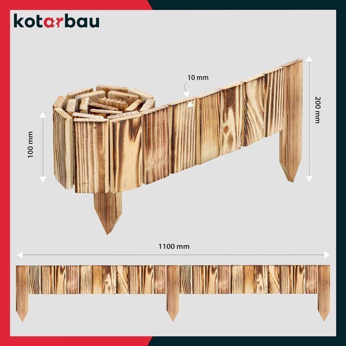 Outdoor Wooden Garden Border - 110 X 10 Cm - Wooden Garden Fence - Burnt Wood - Flexible Palisade - Garden Decoration KOTARBAU