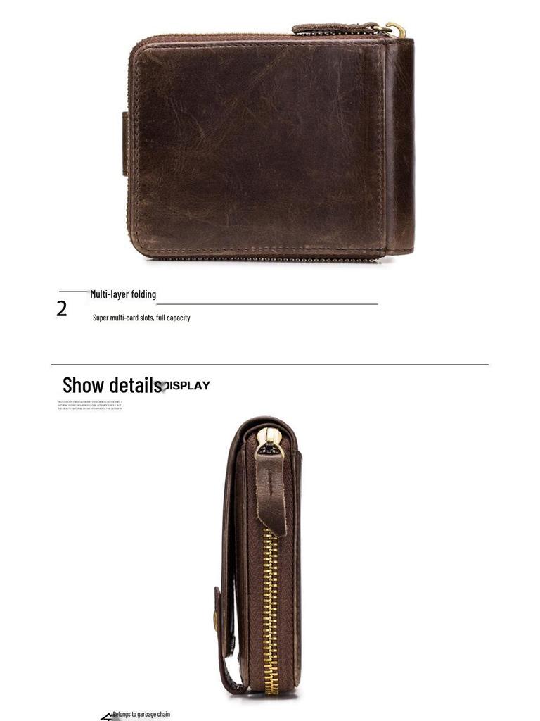 Cowhide Zipper Wallet with Multi-Card Slots, Anti-Theft Brush, Money Clip, and Photo Album