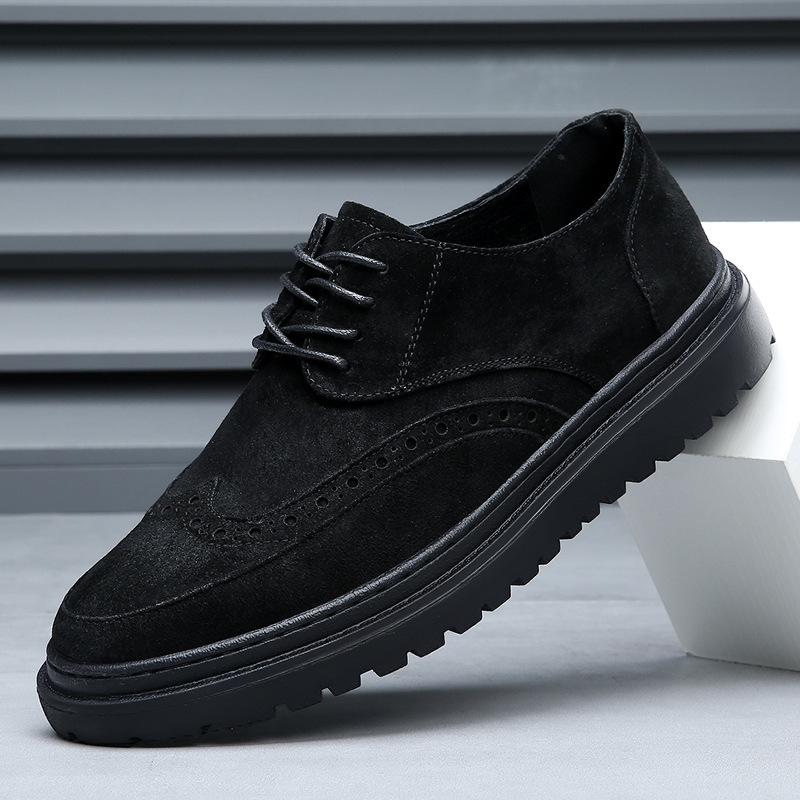 Męskie Sznurowane Buty na Wysokim Obcasie Czarne Zamszowe Skórzane Grube Brogsy Podwyższające Retro Platformowe Oksfordy dla Mężczyzn Buty Podwyższające