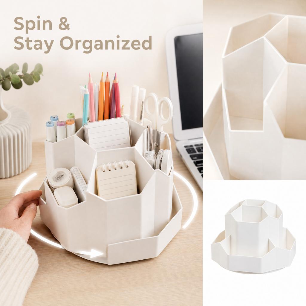 Large Capacity Plastic Rotating Pencil Holder for Pens and Desk Organization