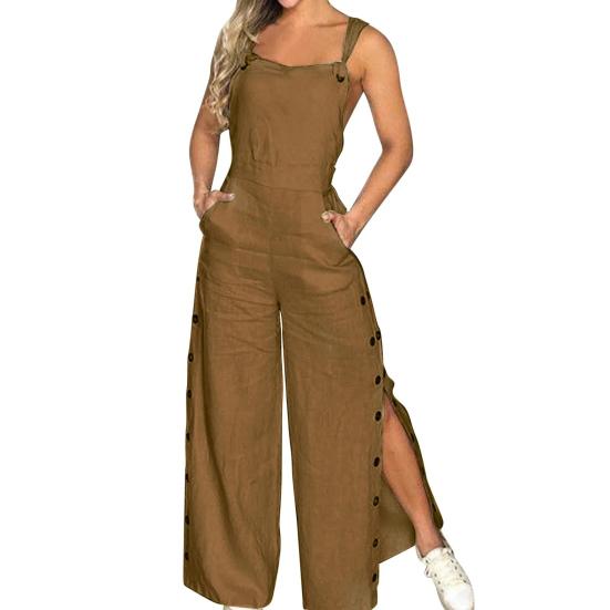 

Women s Sleeveless Wide Leg Jumpsuit with Side Pockets And Button Closure Solid M хакі