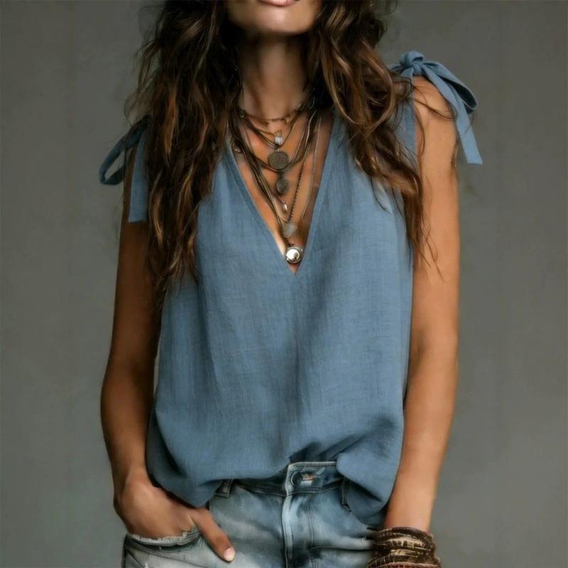 Women Casual Solid Color V Neck Tie Strap Sleeveless Vacation Top