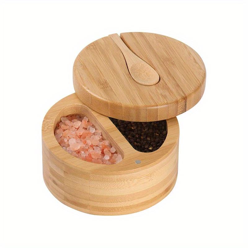 Bamboo Seasoning Box With Spoon Rotating Cover Spice Box Seasoning Container Sugar Salt Pepper Jar Condiments Picnicking Gadget