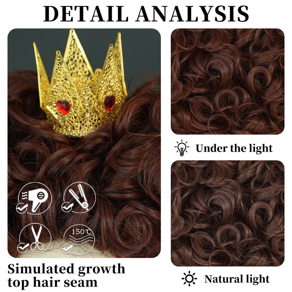 Royal Queen Perücke, dunkelrot, kurzes lockiges Haar, synthetische Herz-Cosplay-Perücken, Halloween-Kostüm-Party-Perücke