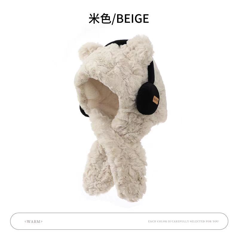 

Женская зимняя шапка-шарф с ушками медведя, интегрированная, для активного отдыха, велоспорта, теплая и ветрозащитная, шапка-пуловер, утолщенная, с плюшевыми наушниками бежевый