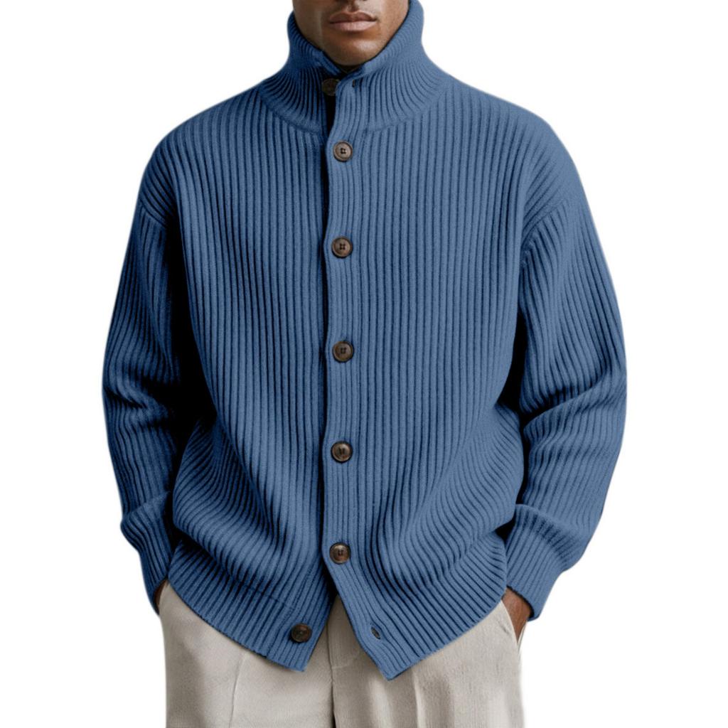 Men's casual and relaxed -color knitted cardigan, men's high-neck, thick-needle, striped long-sleeved button coat