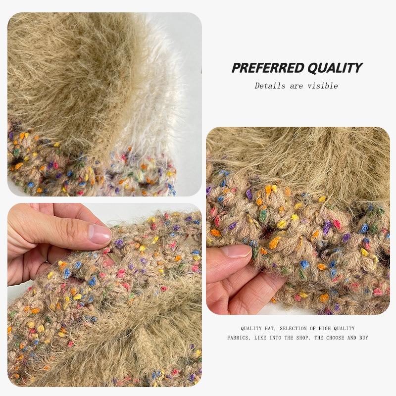 Plush Knitted Bucket Hat Women's Autumn and Winter Color Matching Versatile Face Covering Bucket Hat Thermal Ear Protective Wool Hat