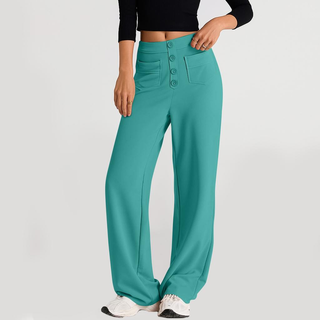 Women's Fashionable Solid Color Straight Leg Pants With High Waist Button Pockets And Elastic Waist Casual Pants