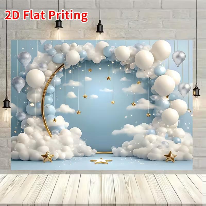

2D Starry Blue Sky Backdrop, White Balloon Baby Shower Background 47.2x31.5inch/120*80cm