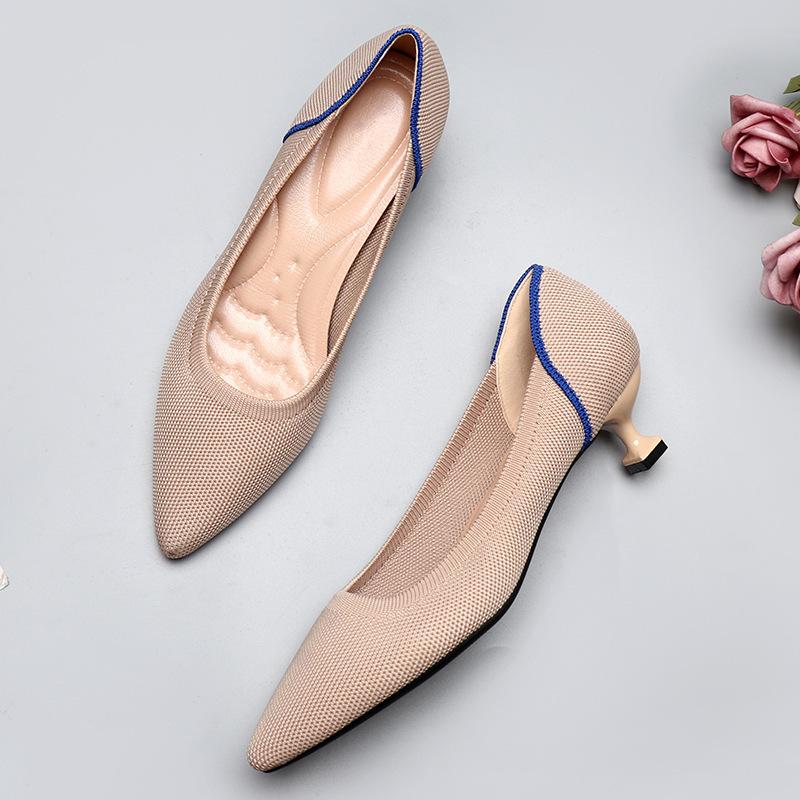 Spring and Autumn Flying Knitted Single Shoes Middle Heel Knitted Flying Thread Knitted Thin Heel Cat Heel Ladle Shoes