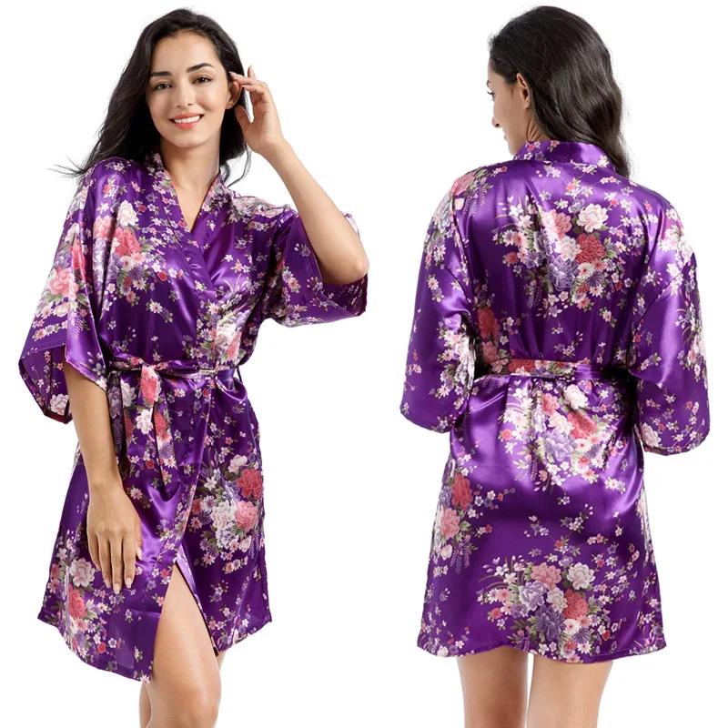 Women's Summer Home Short Cardigan Nightgown Thin Loose Silk Printed Narcissus Morning Gown