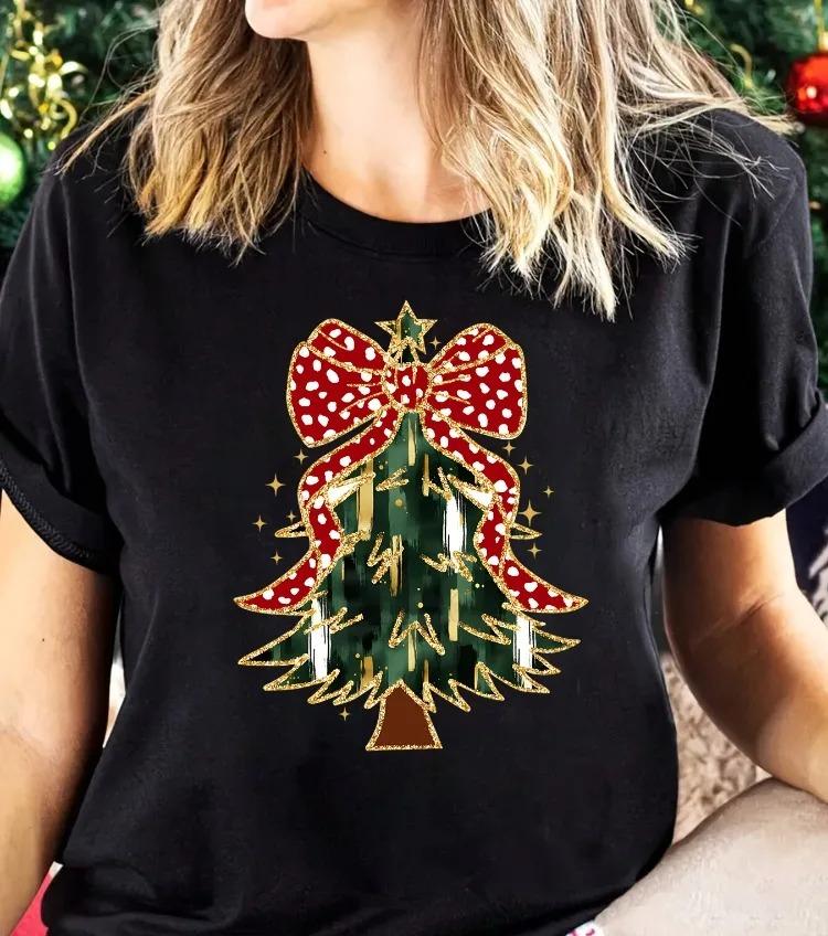 Women s Fashionable Christmas Tree Pattern Printed Women s Summer T-shirt Top, Short Sleeved Round Neck Casual Women s Clothing S