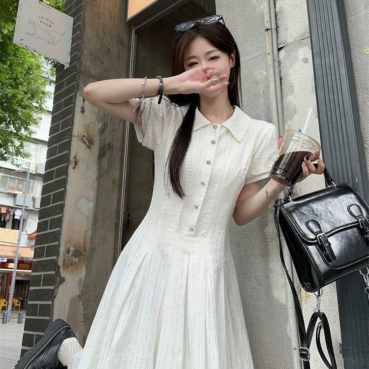 

Women s Summer Puff Sleeve White Shirt Dress - College Style, Waist-Cinching, Sweet & Slim Fit S (Below 48 kg)