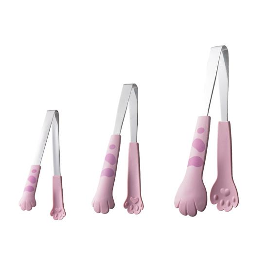 3Pcs/set Kitchen Tongs Stainless Steel Cartoon Cat Paw Shape Bread Tongs Heat-Resistant Non-Slip Handle Pliers Cooking Tools