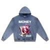 DTG Print Knitted Denim Zip-Up Hoodie Money Brother Print Zipper Hoodies  