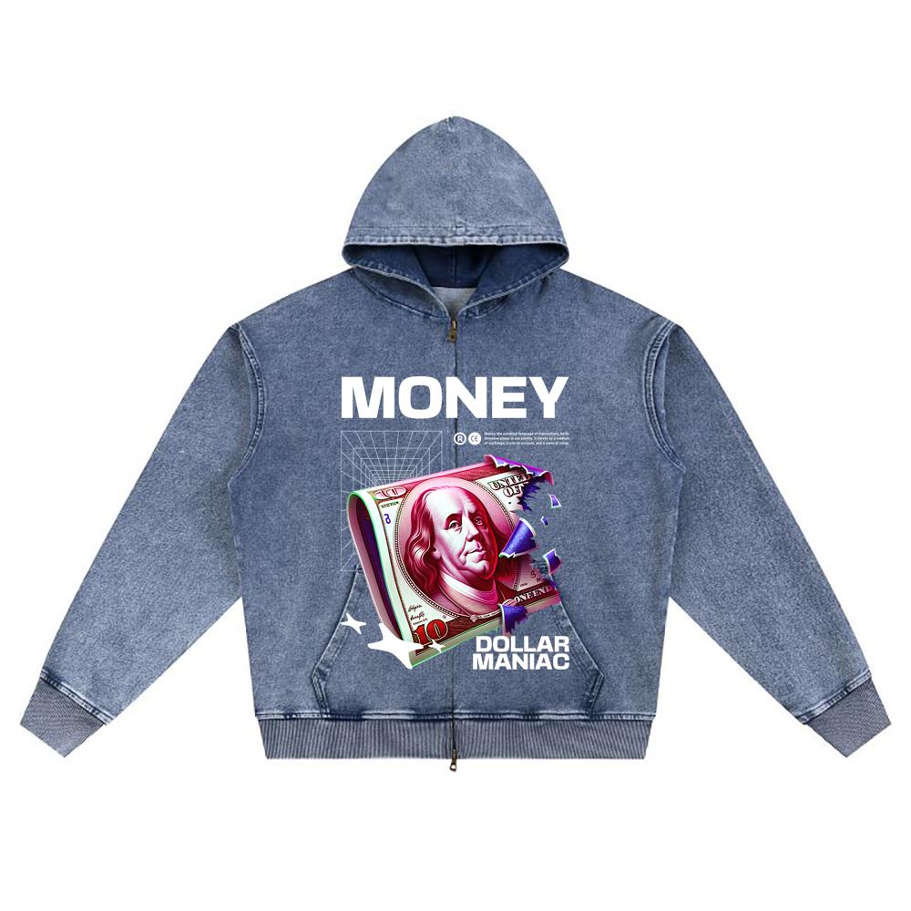 DTG Print Knitted Denim Zip-Up Hoodie Money Brother Print Zipper Hoodies