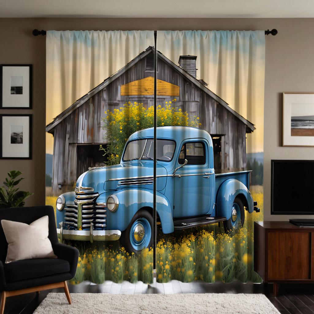 Set Of 2 Vintage Hd Pickup Truck Trim Curtain Blue Tie Digital Printed Home Style Living Room Bedroom Wear Rod Polyester Ideal For