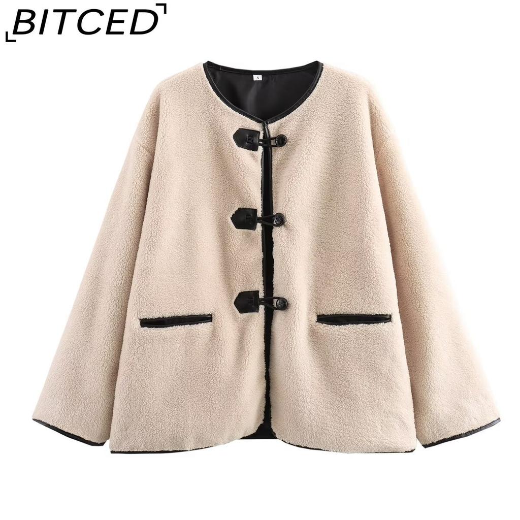 BITCED Women's Spring/Autumn Plus Size Casual Oversized Shearling O-Neck Jacket