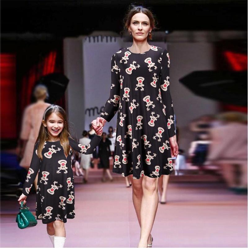 Elegant Girls Children Xmas Mother And Daughter Santa Bow Print Dress For Festive Celebrations