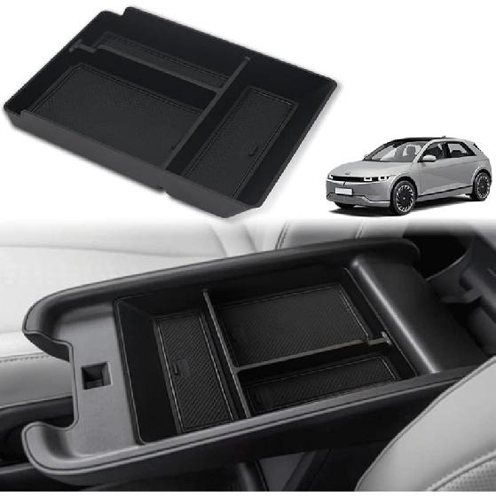 BestEvMod For Ioniq5 Armrest Storage Box Center Console Organizer Tray Interior Accessories With Rubber Black Trim Compatible With Hyundai Ioniq 5