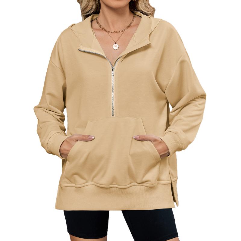 Women Loose Hooded Long Sleeve Zip Pocket Sweatshirt Jacket