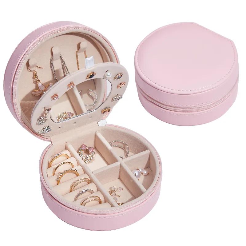 Simple Fashion Solid Color Small PU Leather Jewelry Box Circle Shaped Jewelry Box Earrings Jewelry Earrings Necklace Storage Box