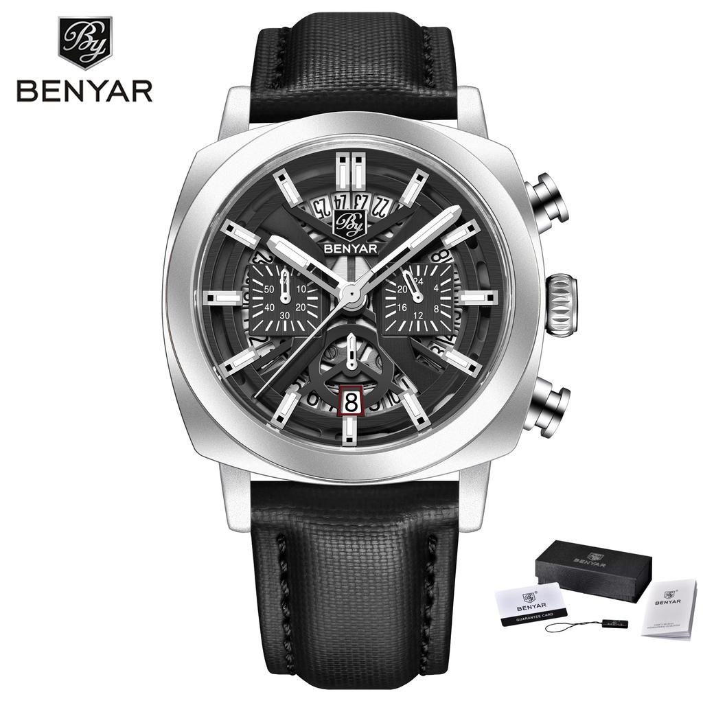 Benyar5205 New Men's Quartz Watch 43mm Luminous Dial 50m Water-Resistant Anti-Reflective Chronograph Fashionable Timepiece