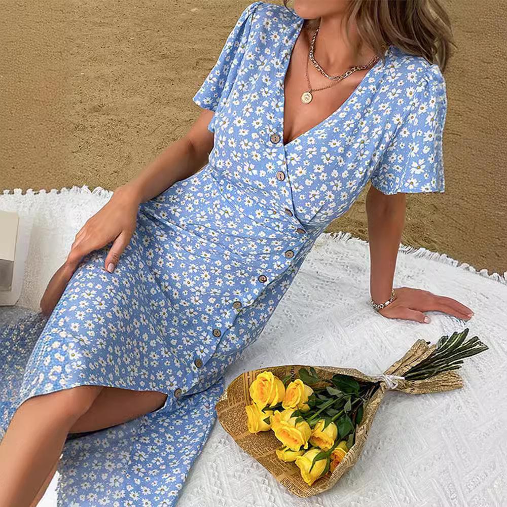 Pastoral Floral V-Neck Puff Sleeve Slimming Long Dress