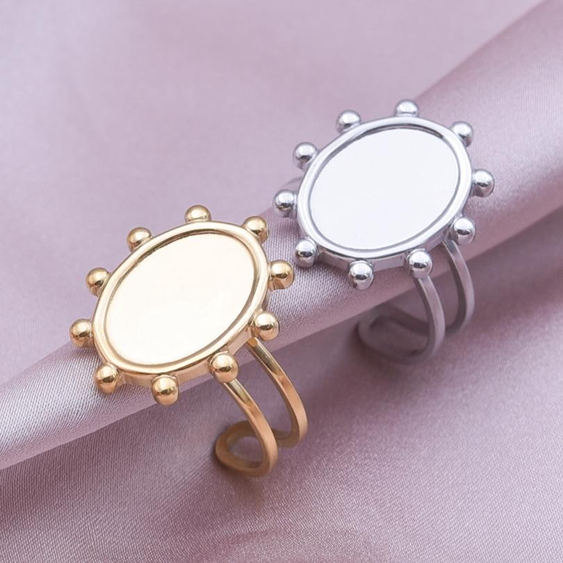 Fashion DIY Drip Oil Rhinestone Round Oval Water Droplets Blank Settings Open Adjustable Stainless Steel Ring For Women Men Gift