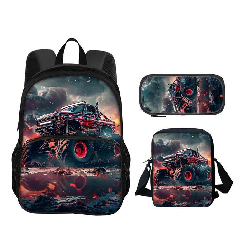 Monster Jam Round Front Bag Backpack Pen Bag Shoulder Bag 3Pcs Set Cartoon Print Student's Best Campus Companion Birthday Gift