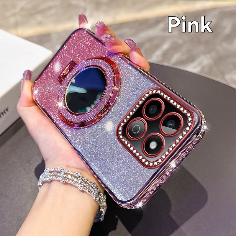 KEYSION Glitter Jewelled Magnetic Phone Case for HONOR X7c X8b X8A Makeup Mirror Stand Shockproof Cover for Honor 200 Smart 5G