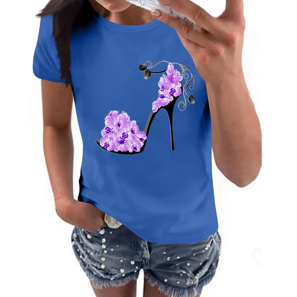Women's Casual High Heels Floral Print Casual Short-sleeved T-shirt Pullover Round Neck Short-sleeved Top