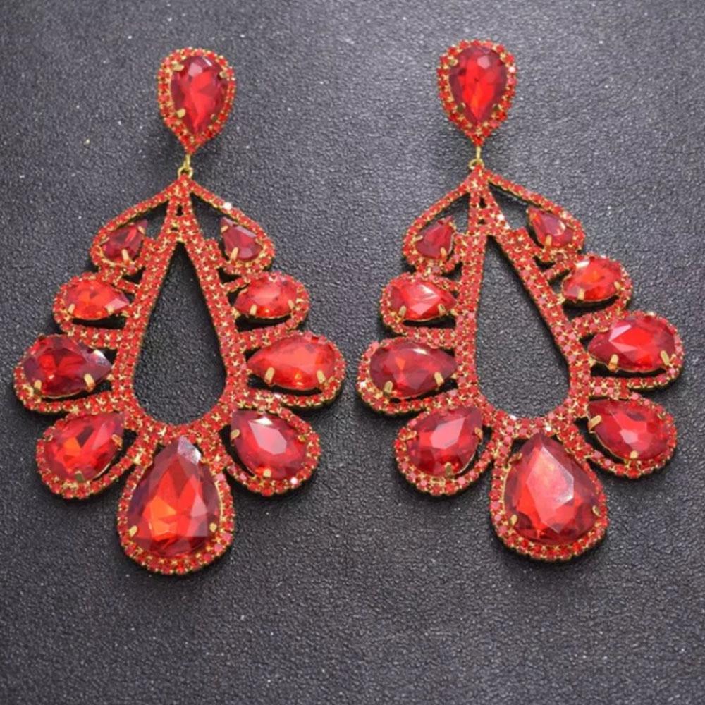 Böhmische bunte Strass-Wassertropfen-geometrische Ohrringe, Abendessen-Schmuck für Frauen, luxuriöse Kristall-große baumelnde Statement-Ohrringe