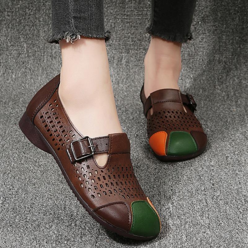Chaussures de maman d'âge moyen en tendon de vache grande taille pour femmes, chaussures creuses à fond plat, confortables et décontractées