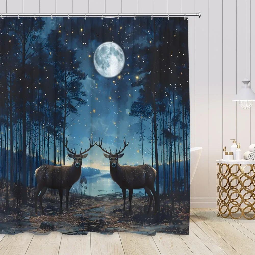 Starry Sky Night Forest View Shower Curtains Animals Fantasy Night View Pine Trees Bathroom Decorations Modern Bath Curtains